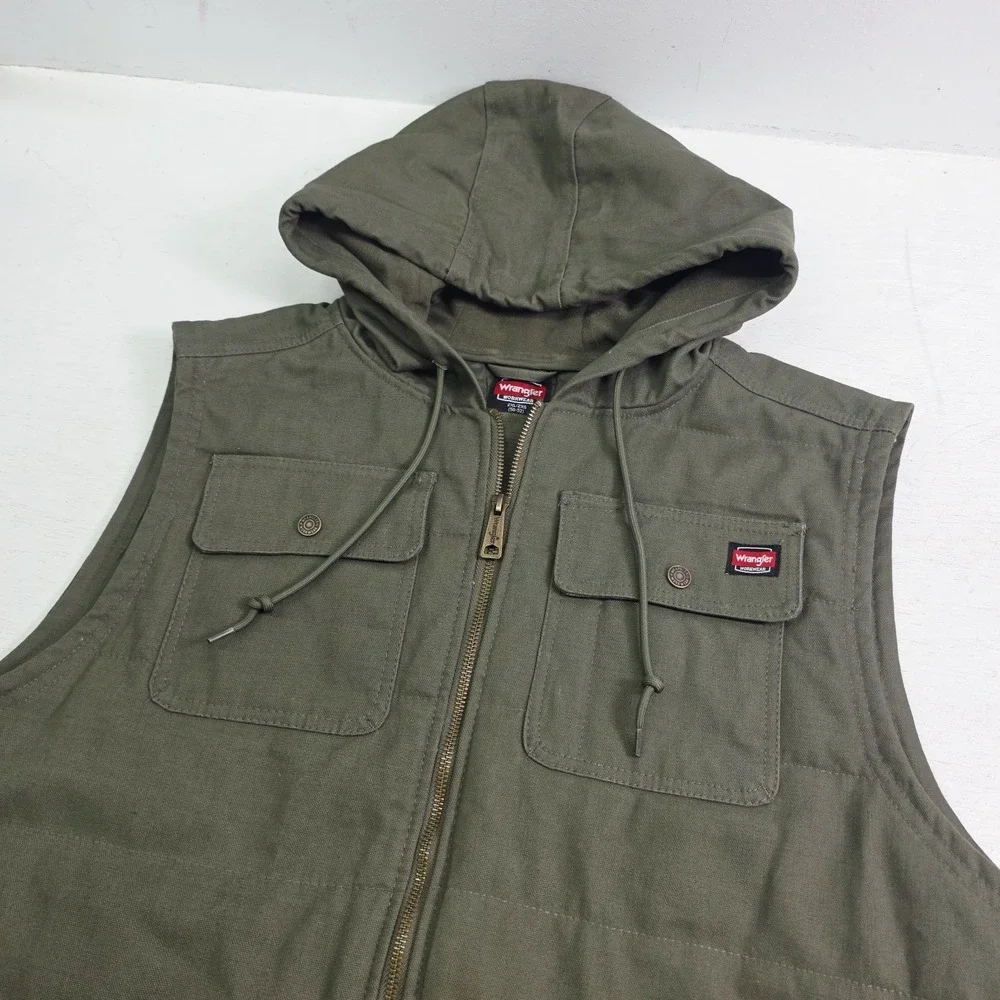 Wrangler Workwear Green Canvas Hooded Sleeveless Zip Vest Jacket Men's‎ 2XL EUC